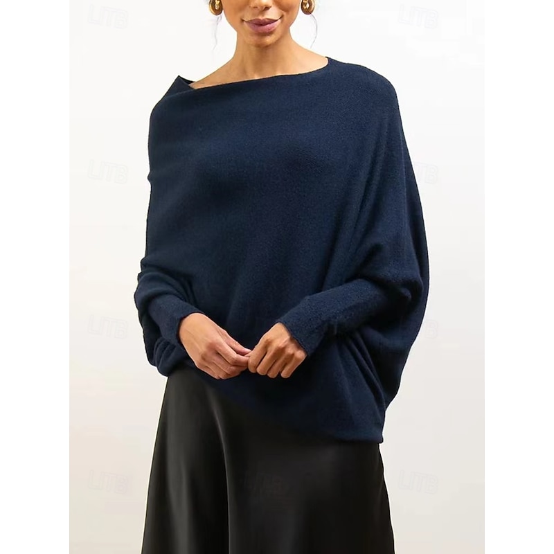 Women's Sweater Pullover Sweater Jumper Casual Soft Pure Color Ribbed Boat Neck Knitted Long Sleeve Regular Tops Knit Outdoor Daily Weekend Navy Blue Green Fall Winter