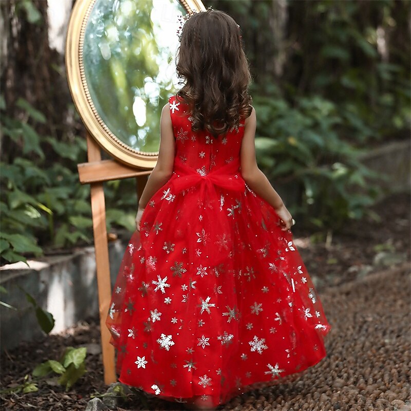 Kids Girls' Cosplay Dress Party Dress Snowflake Sleeveless Performance Christmas Mesh Backless Patchwork Beautiful Sweet Polyester Maxi Party Dress Swing Dress Tulle Dress Winter 4-12 Years White4