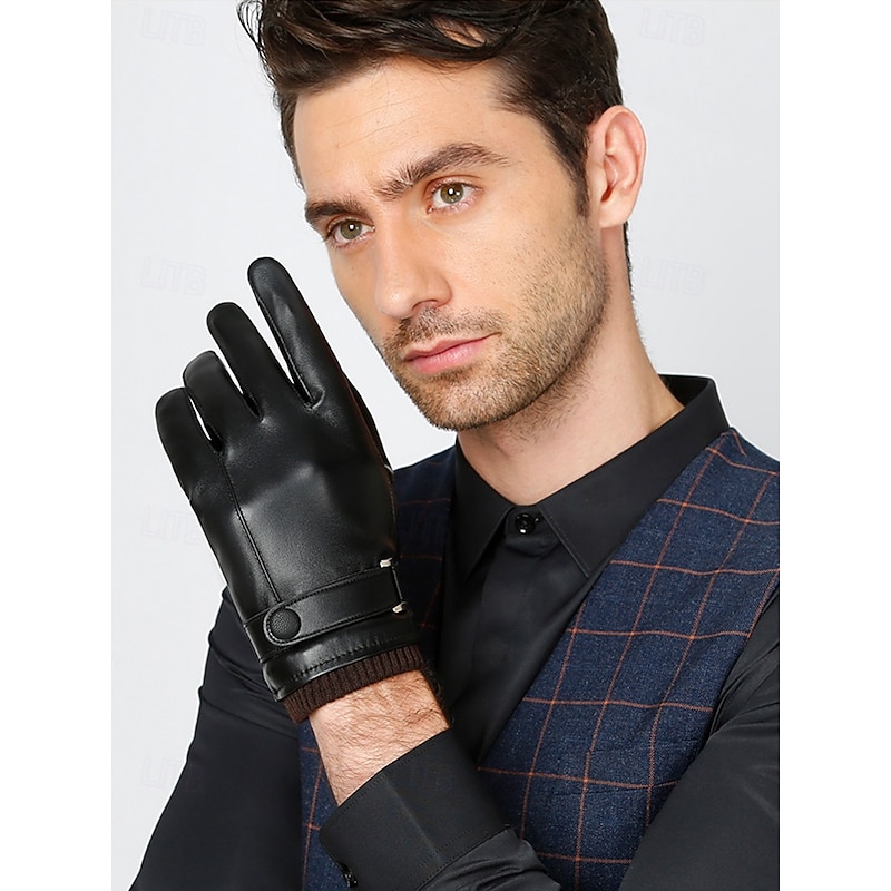 Men's Winter Faux Leather Gloves with Buckle Strap – Warm Lined Gloves for Cold Weather, Touchscreen Compatible3