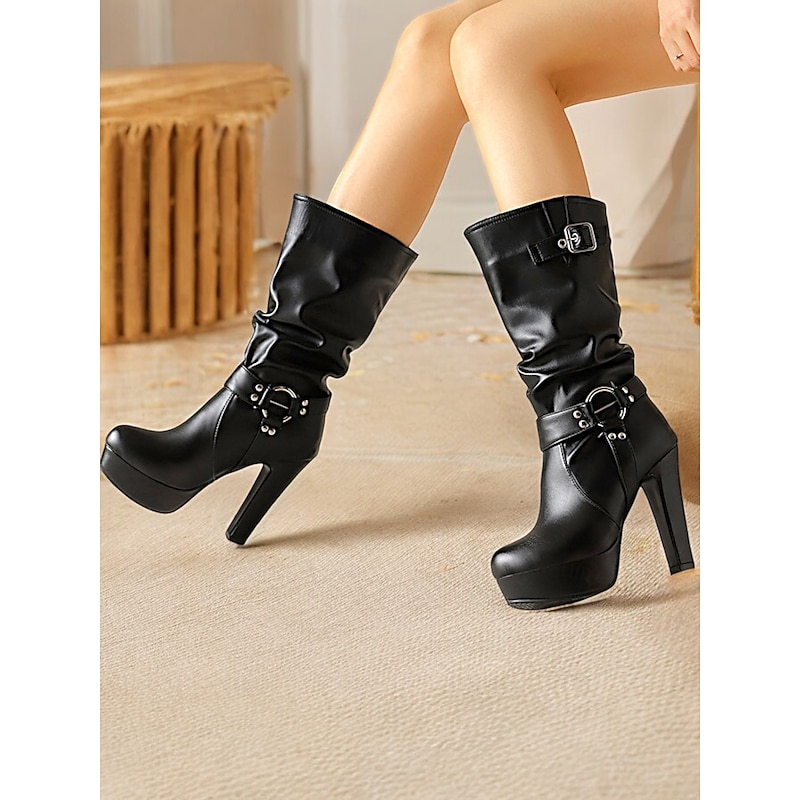 Women's White Knee-High Platform Boots with Buckle Straps and High Heels – Stylish Winter Boots for Bold Fashion Statements