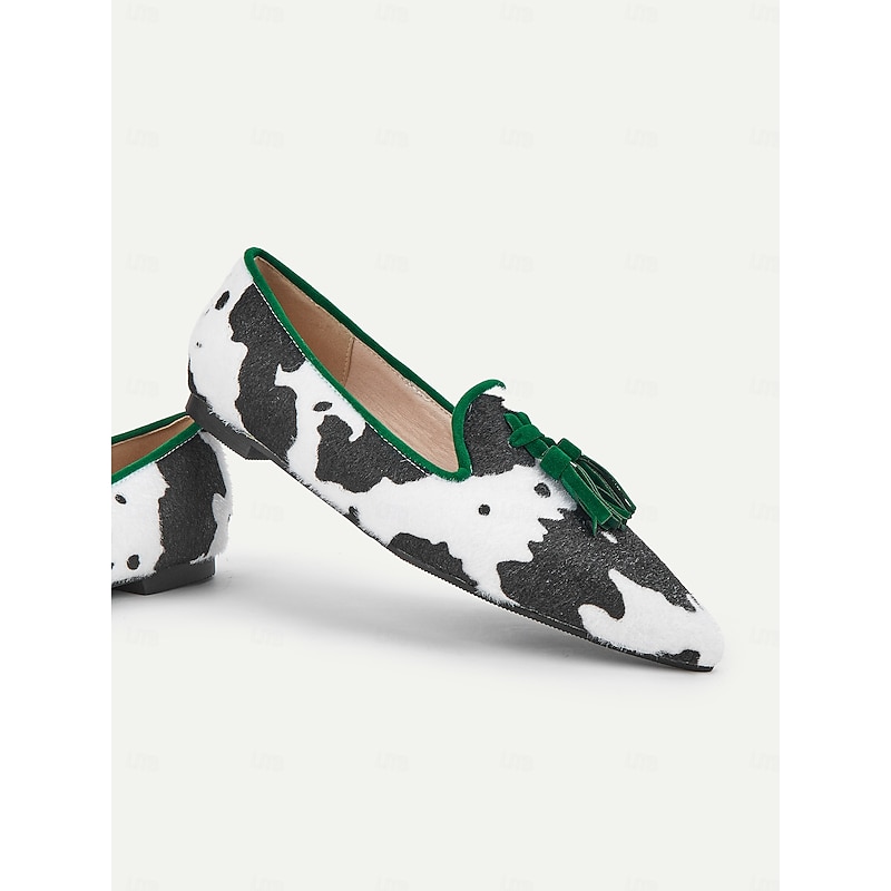 Women's Cow Print Tassel Loafers with Green Trim – Stylish Slip-On Dress Shoes for Casual and Formal Occasions4