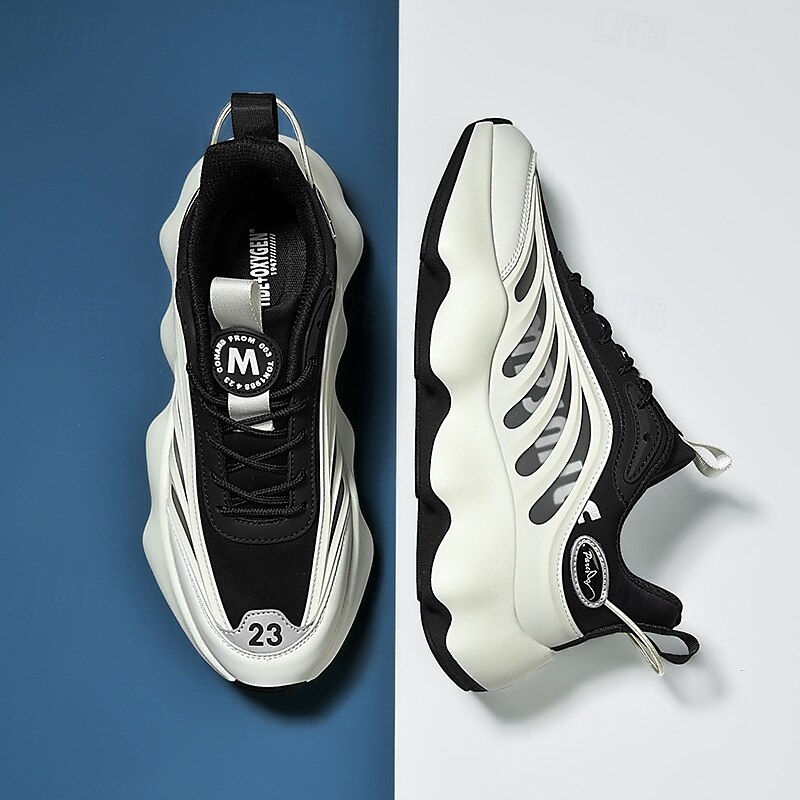 Men's Futuristic Black & White Chunky Sole Sneakers - Lightweight Breathable Athletic Shoes for Casual Wear or Running4