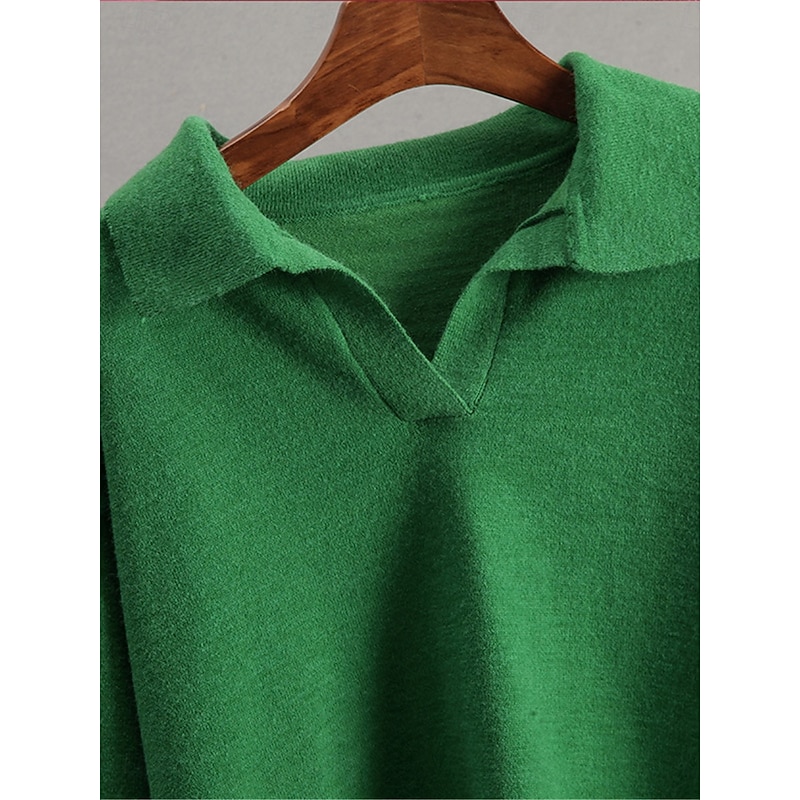 Women's Sweater Pullover Sweater Jumper Casual Soft Pure Color Ribbed Shirt Collar Knitted Long Sleeve Regular Tops Knit Outdoor Daily Weekend White Green Fall Winter 10