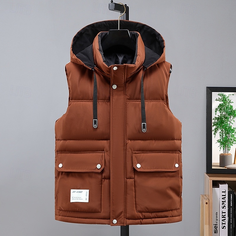 Men's Puffer Vest Hoodie Vest Quilted Vest Daily Wear Vacation Going out Fashion Basic Spring &  Fall Zipper Multi Pocket Polyester Comfortable Plain Hidden Stand Collar Regular Fit Black White Brown