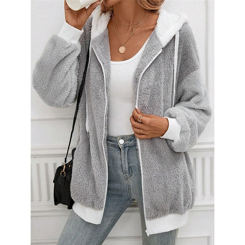 Women's Teddy Coat Hoodie Jacket Outdoor Street Daily Wear Fall Winter Regular Coat Regular Fit Thermal Warm Breathable Stylish Casual Jacket Long Sleeve Plain with Pockets Full Zip Gray4