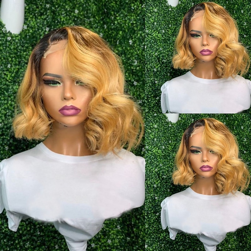 Remy Human Hair 13x4 Lace Front Wig Short Bob Brazilian Hair Wavy Multi-color Wig 130% 150% Density with Baby Hair Ombre Hair Glueless For Women Long Human Hair Lace Wig