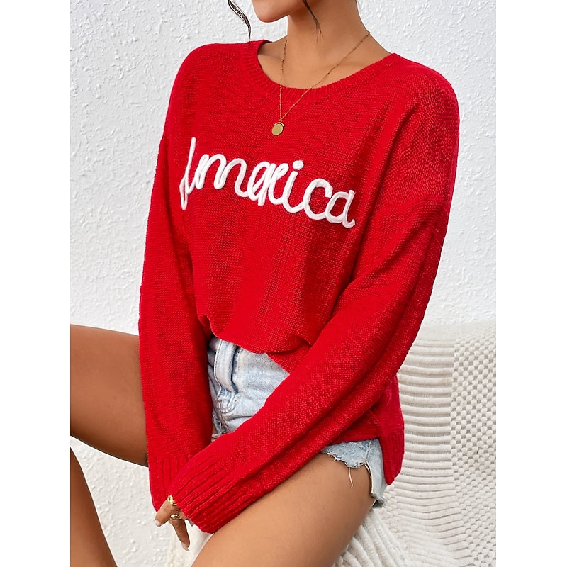 Women's Sweater Pullover Sweater Jumper Crew Neck Ribbed Knit Knitted Fall Winter Outdoor Daily Weekend Casual Soft Long Sleeve Letter White Red2