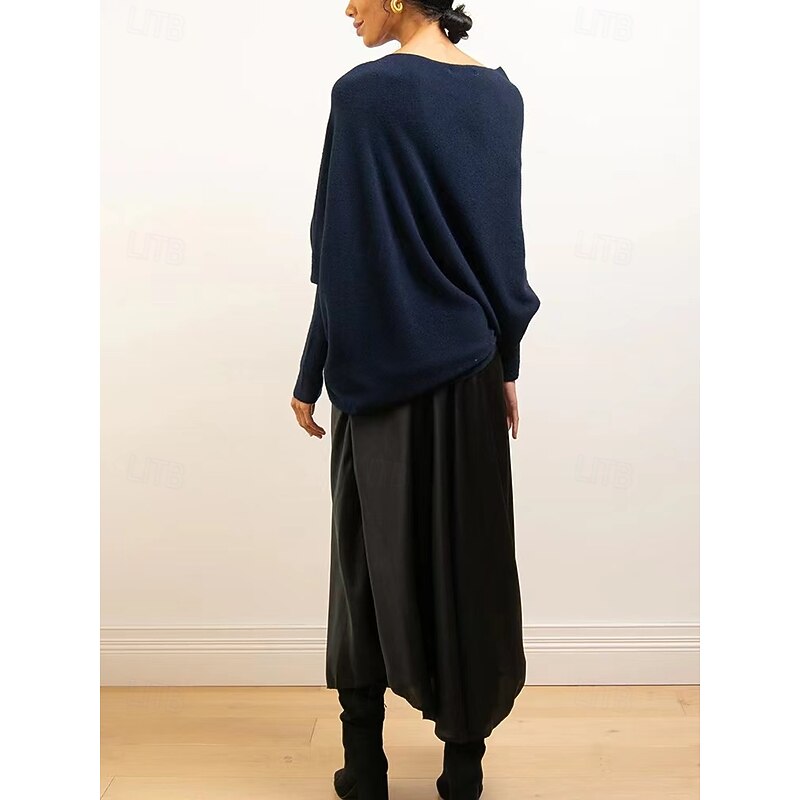 Women's Sweater Pullover Sweater Jumper Casual Soft Pure Color Ribbed Boat Neck Knitted Long Sleeve Regular Tops Knit Outdoor Daily Weekend Navy Blue Green Fall Winter2