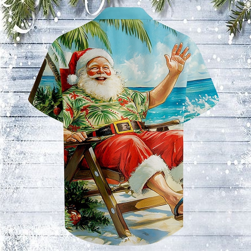 Christmas Men's Santa Claus Beach Party Shirt Short Sleeve Hawaiian Casual Daily Holiday Festival Summer Cuban Collar Print Button-Down Blue2