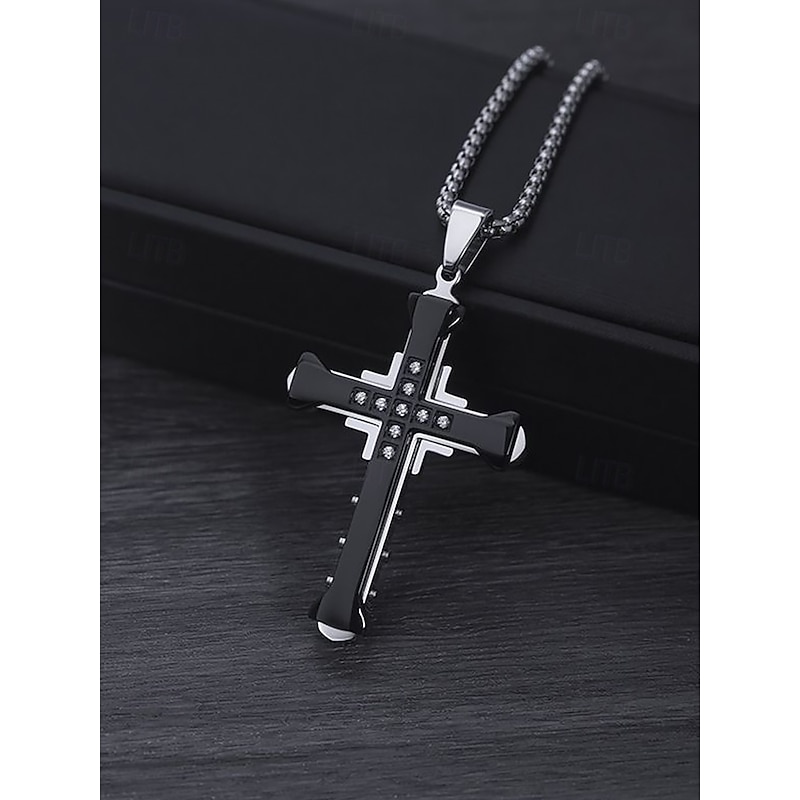 Men's Silver Cross Necklace with Gemstone Accents - Stylish Religious Pendant on Durable Chain for Casual and Formal Wear4