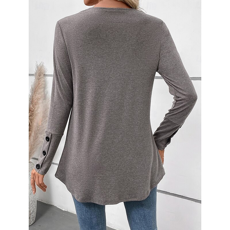 Women's Shirt Solid Color Casual Long Sleeve V Neck Regular Tops Daily Buttons Gray Fall Winter3