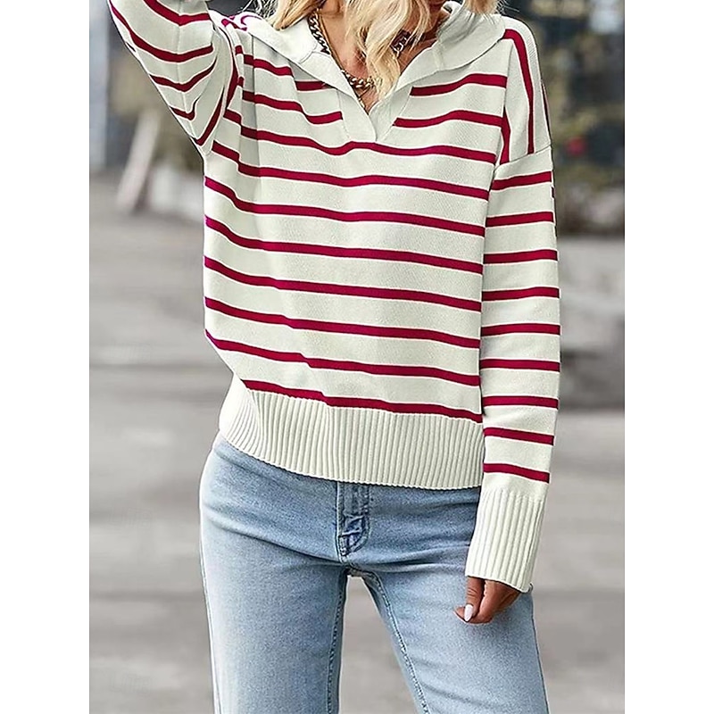 Women's Sweater Pullover Sweater Jumper Casual Soft Striped Ribbed Shirt Collar Knitted Long Sleeve Regular Tops Knit Outdoor Daily Weekend Black Red Fall Winter 5