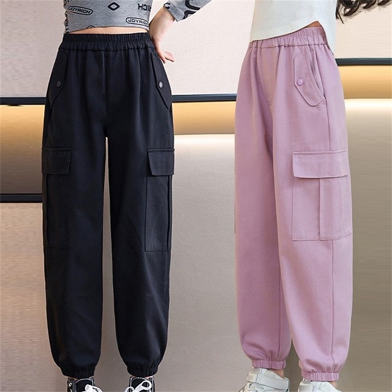 Kids Girls' Trousers Solid Color Sports Pocket School 4 years+ Spring Black Pink Purple
