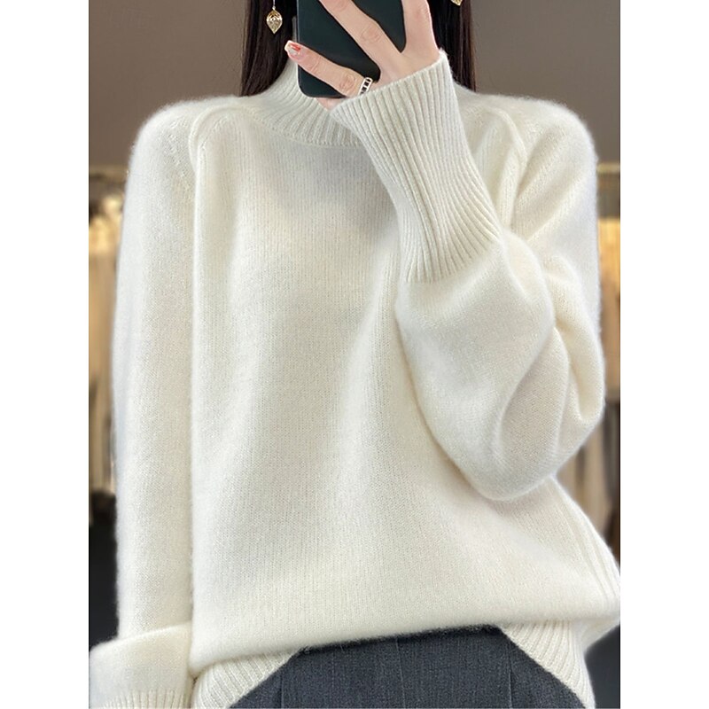 Women's Sweater Pullover Sweater Jumper Casual Soft Pure Color Ribbed Crew Neck Knitted Long Sleeve Regular Tops Knit Outdoor Daily Weekend White Red Fall Winter3