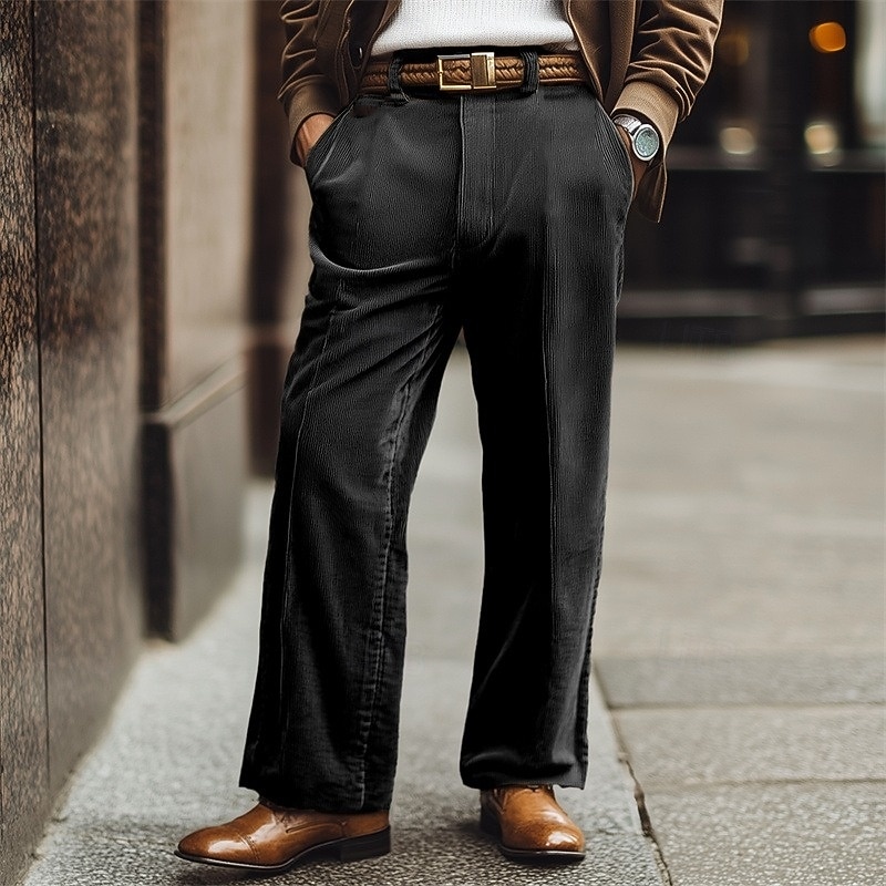 Men's Dress Pants Corduroy Pants Trousers Baggy Pants Pleated Pants Pocket Straight Leg Plain Comfort Soft Full Length Party Business Daily Fashion Streetwear Black Navy Blue3
