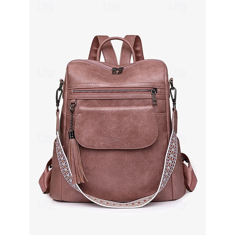 Women's Vintage Faux Leather Backpack with Tassel and Adjustable Geometric Strap – Casual Multi-pocket Travel Bag - Main Image