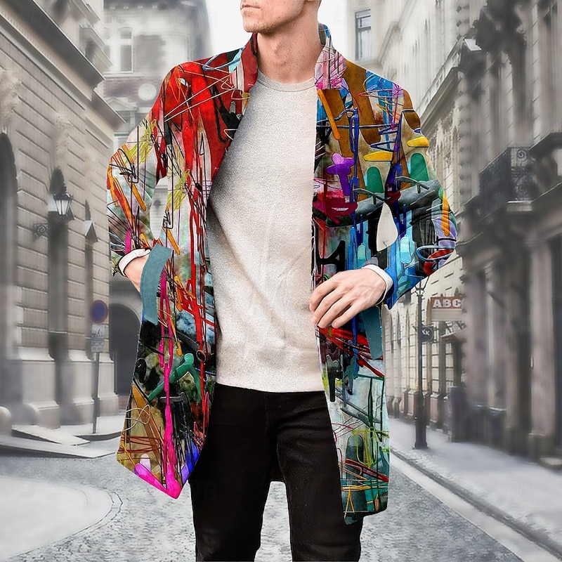 Men's Oil Painting Winter Coat Fleece Jacket Overcoat Thermal Comfortable Artistic Casual Party Daily Wear 3D Print Buttons Front Pocket Winter Turndown Long Sleeve Yellow Blue Purple