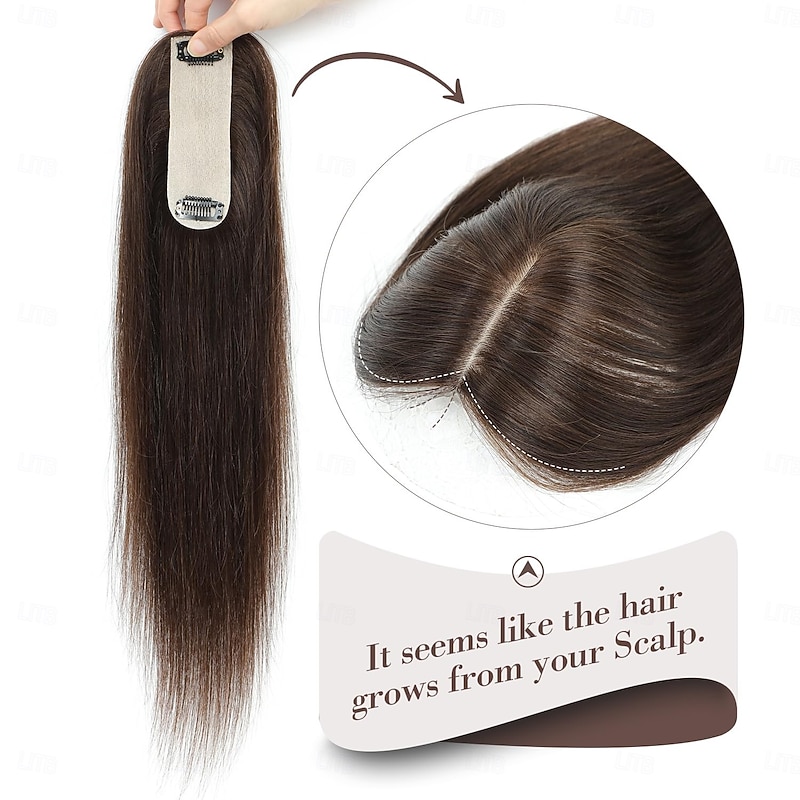 Hair Toppers for Women Real Human Hair, 14 Inch Scalp Line Hair Toppers Hair Pieces for Thinning Hair Parting, 100% Real Human Hair Toppers 1.5"x5" Silk Base Medium Brown Can Be Curled #42