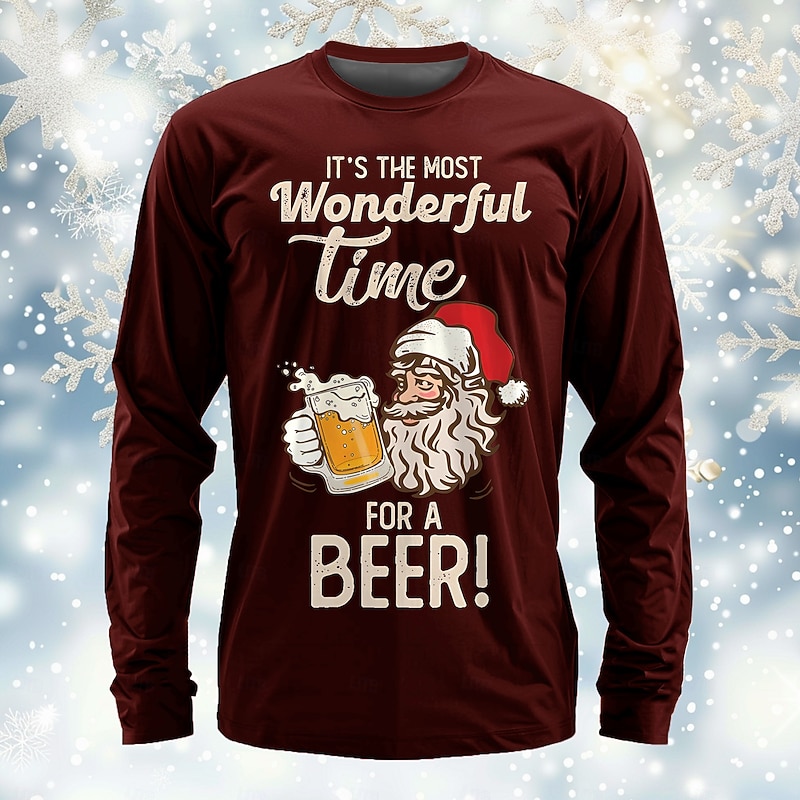 Christmas Men's Santa Claus Oktoberfest Beer T Shirt Long Sleeve T shirt 3D Print Crew Neck Shirt Daily Designer Festival Party Street Casual Black Burgundy Green Summer Spring Fall Clothing Apparel2