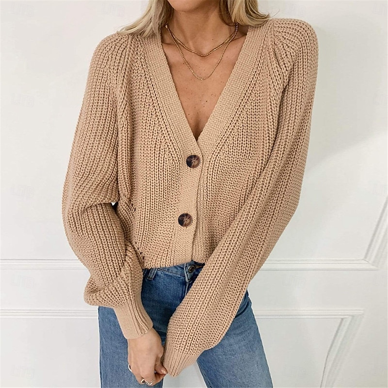 Women's Sweater Cardigan Casual Soft Pure Color Ribbed V Neck Buttons Knitted Long Sleeve Regular Tops Knit Outdoor Daily Weekend Black Khaki Fall Winter3