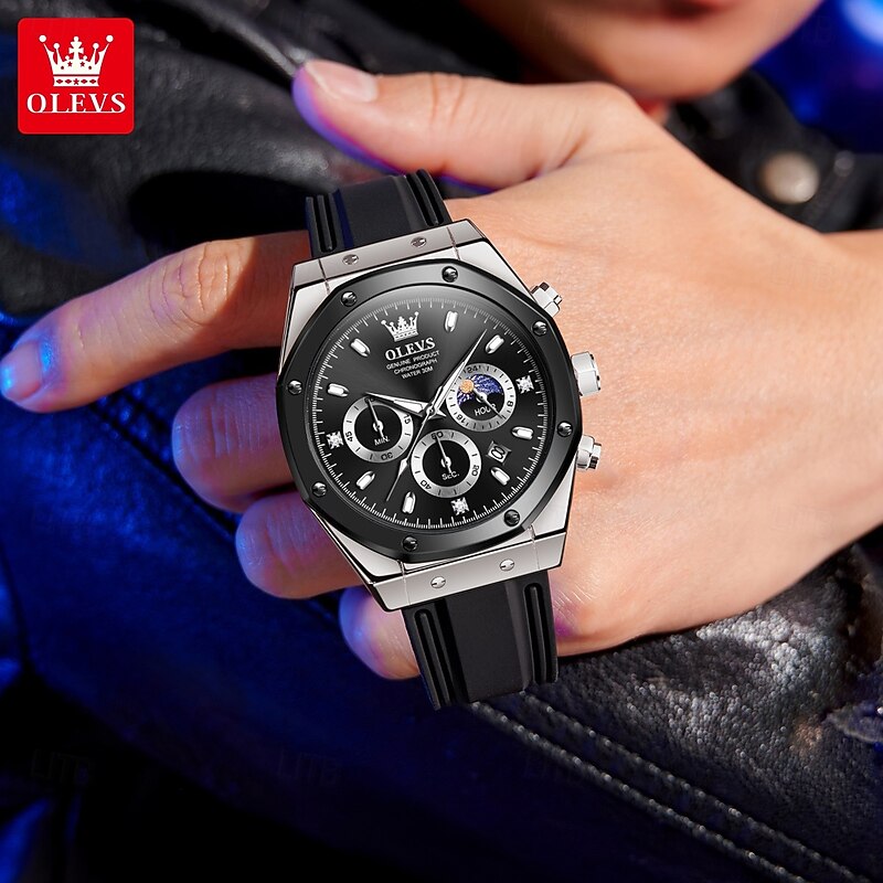 OLEVS 9911 Men's Watches Silicone Strap Waterproof Moon Phase Chronograph Man Watch Luxury Multifunctional Quartz Watch3