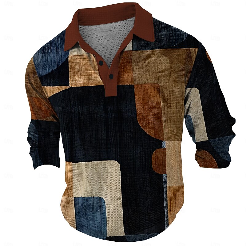 Men's Plaid Waffle Polo Shirts Golf Shirt Long Sleeve Polo Shirts Collared Shirts Vintage Casual Vacation Wear Formal Wear Festival Wear Buttons 3D Print Spring Fall Winter Blue