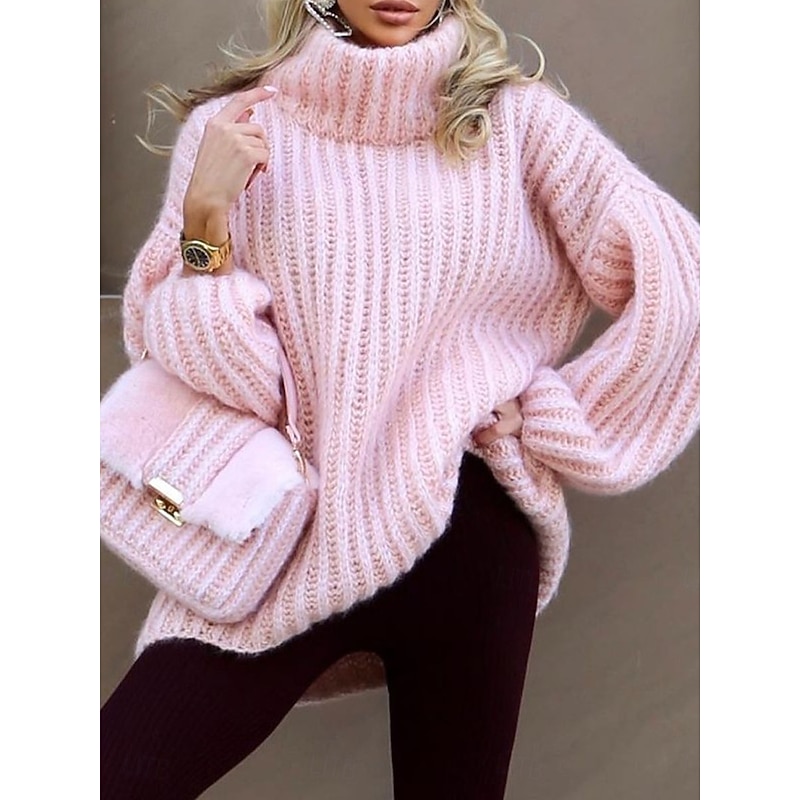 Women's Sweater Pullover Sweater Jumper Casual Soft Pure Color Chunky Turtleneck Knitted Long Sleeve Regular Tops Knit Outdoor Daily Weekend Pink Blue Fall Winter4