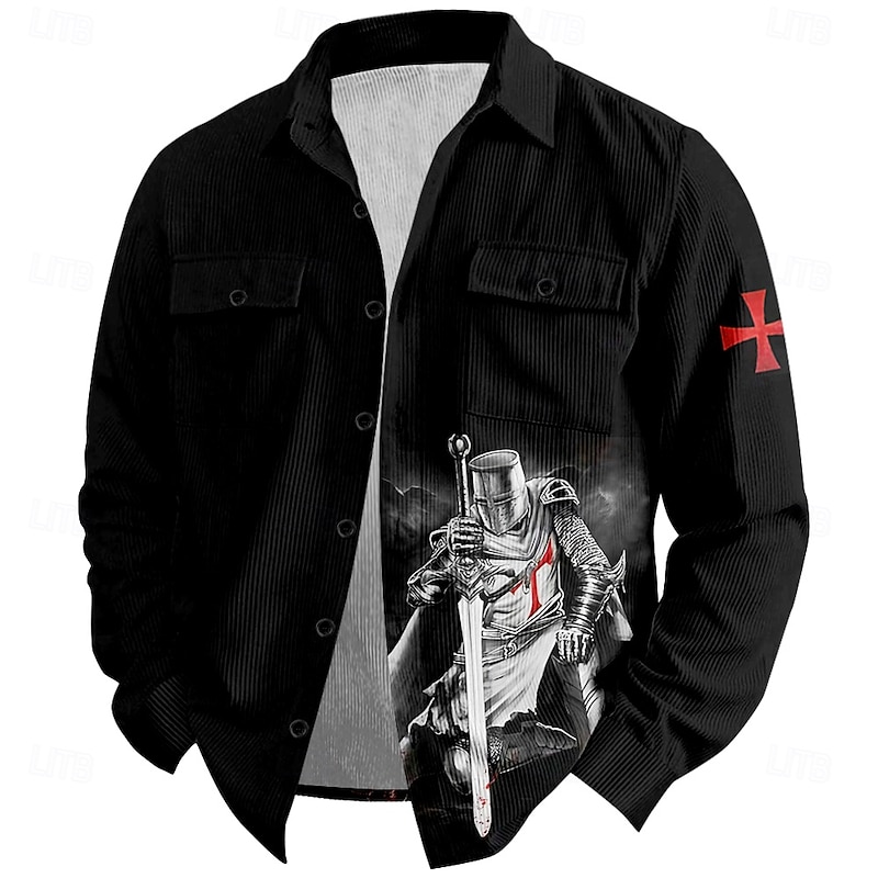 Men's Templar Cross Knights Templar Corduroy Shirt Shirt Jacket Overshirt Long Sleeve Vintage Fashion Casual Outdoor Dailywear Holiday Fall & Winter Turndown Collared Shirts Buttons 3D Print 2