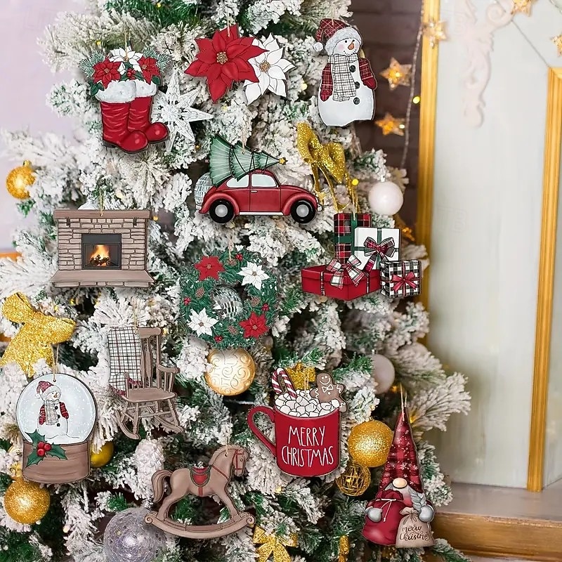 24pcs Christmas Wooden Ornaments, Xmas Tree Pendant Decoration - Vintage Snowman, Gnome, Cactus, Truck, and Wreath Designs with Hanging String for Home and Holiday Party Decor4