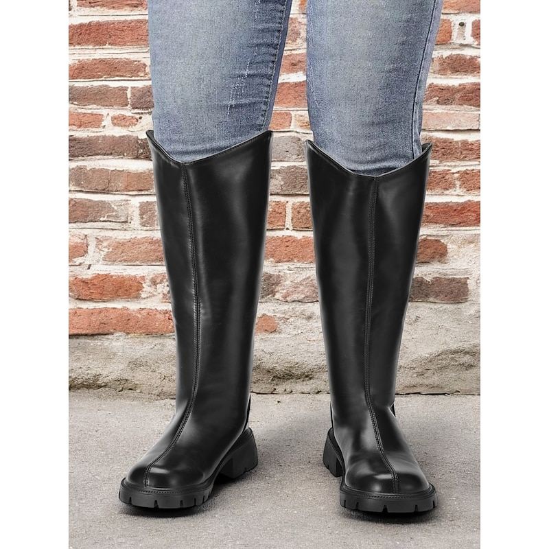 Women's Extra Wide Calf Knee-High Boots – Comfortable Black Faux Leather with Rugged Sole, Perfect for Outdoor Adventures and Everyday Wear3