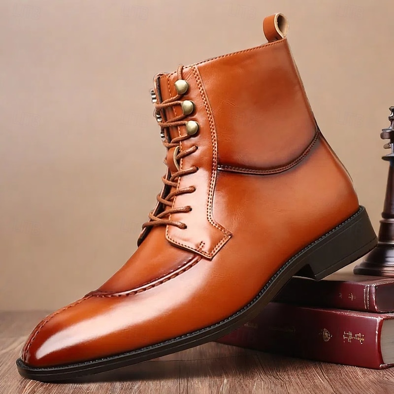 Men's Vintage Brown Faux Leather Ankle Boots - Classic Lace-Up Design with Polished Finish for Formal and Casual Wear
