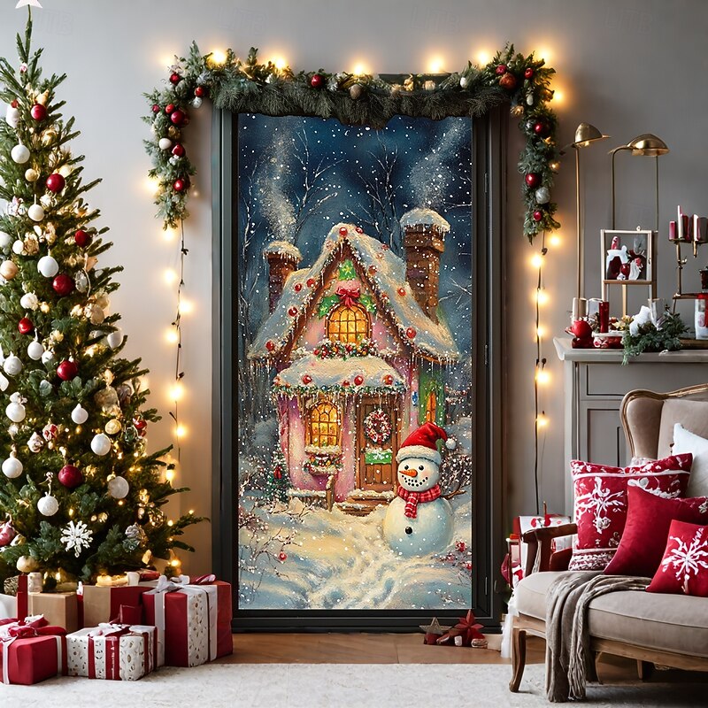 Christmas Door Decorations Door Covers Xmas Snowman House Door Tapestry Door Curtain Decoration Backdrop Indoor/Outdoor Door Banner for Front Door Farmhouse4