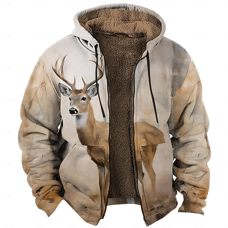 Men's Deer Fleece Hoodie Hoodies Fashion Daily Long Sleeve Hooded Vacation Sports Outdoor Streetwear Brown Drawstring Fall Winter Designer2