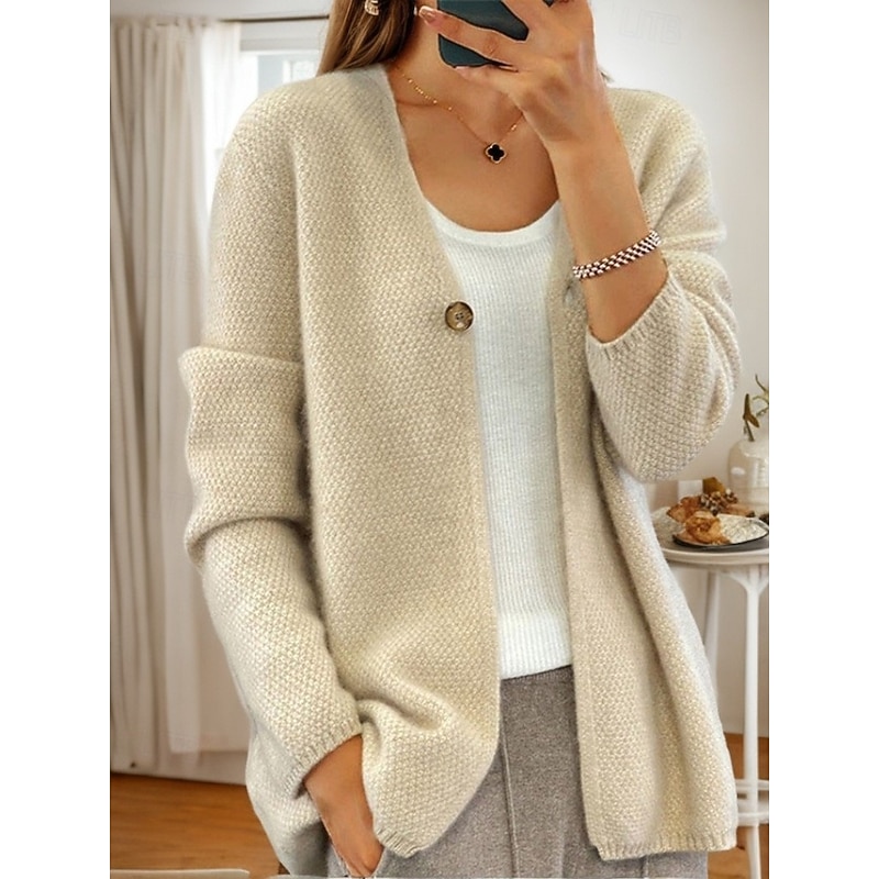 Women's Sweater Cardigan Sweater Jacket V Neck Knit Button Knitted Spring Fall Home Daily Weekend Elegant Daily Soft Long Sleeve Pure Color Camel Beige2