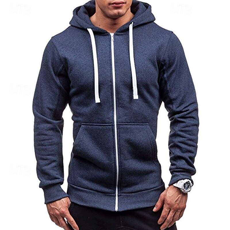 Men's Full Zip Hoodie Zip Up Hoodie Black Wine Navy Blue Light Grey Dark Gray Hooded Plain Zip Up Patchwork Pocket Sports & Outdoor Daily Holiday Polyester Streetwear Basic Casual Spring &  Fall