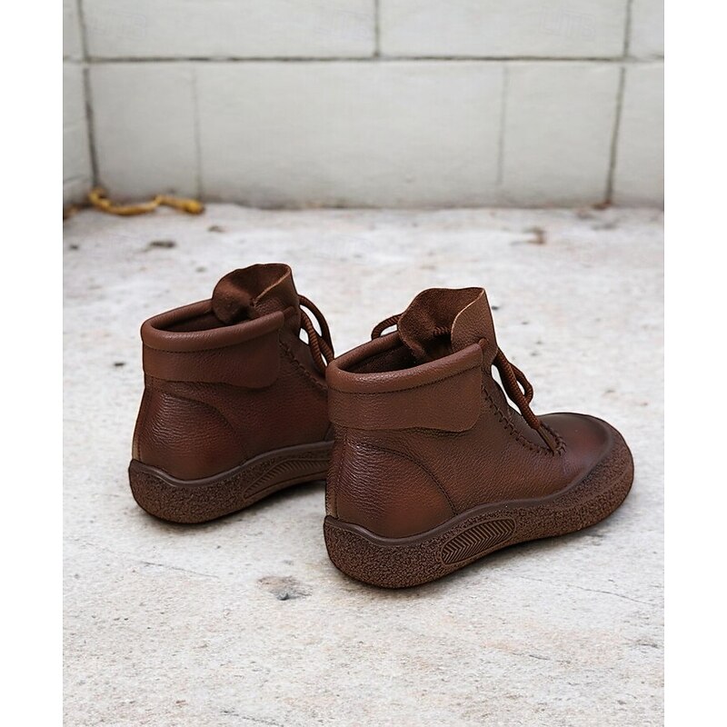 Women's Brown Faux Leather Lace-Up Ankle Boots with Vintage Stitch Detailing, Comfortable Sole for Casual Outdoor Wear3