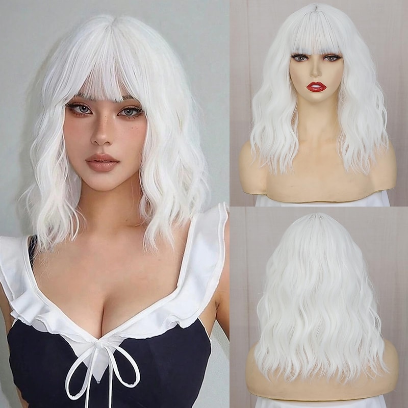Short Bob Wigs with Bangs for Women White Loose Wavy Wig Curly Wavy Shoulder Length Bob Synthetic Cosplay Wig for Girl Colorful Christmas Party Wigs