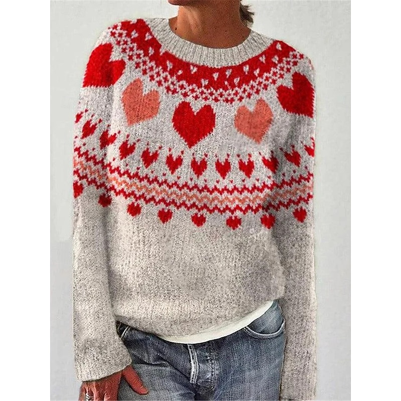 Women's Valentine Sweater Pullover Sweater Jumper Casual Soft Heart Ribbed Crew Neck Knitted Long Sleeve Regular Tops Knit Outdoor Daily Weekend Red Blue Fall Winter