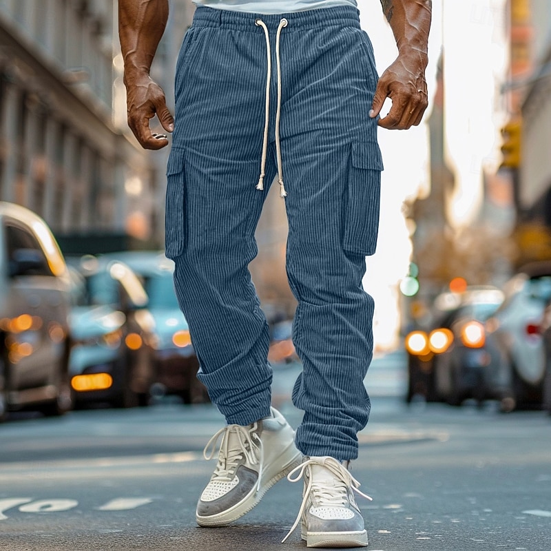 Men's Cargo Pants Joggers Corduroy Pants Trousers Casual Pants Pocket Elastic Waist Multi Pocket Plain Comfort Soft Full Length Outdoor Daily Going out Fashion Streetwear Black Blue Micro-elastic
