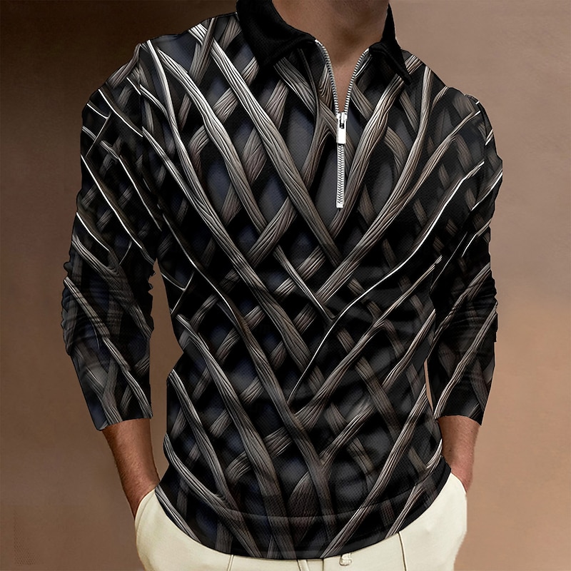 Men's 3D Print Polo Shirts Golf Polos Shirts Long Sleeve Polo Shirts Collar Business Casual Vacation Dailywear Zipper 3D Print Spring Fall & Winter Black Ink Blue Dark Purple2