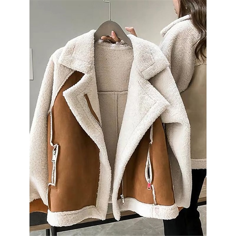 Women's Fleece Jacket Teddy Coat Warm Breathable Zipper Pocket Fleece Lined Casual Plain Vacation Street Daily Wear Going out Zipper Regular Turndown Regular Fit Long Sleeve Outerwear Brown Khaki