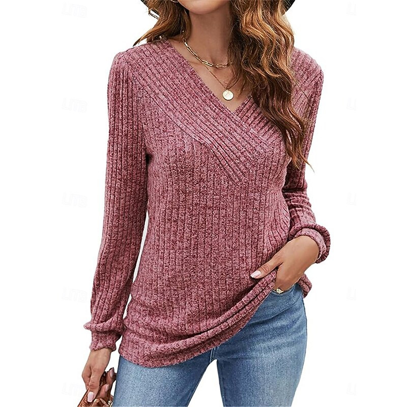 Women's Sweater Pullover Sweater Jumper Casual Soft Pure Color Ribbed V Neck Knitted Long Sleeve Regular Tops Knit Outdoor Daily Weekend Black Fuchsia Fall Winter3