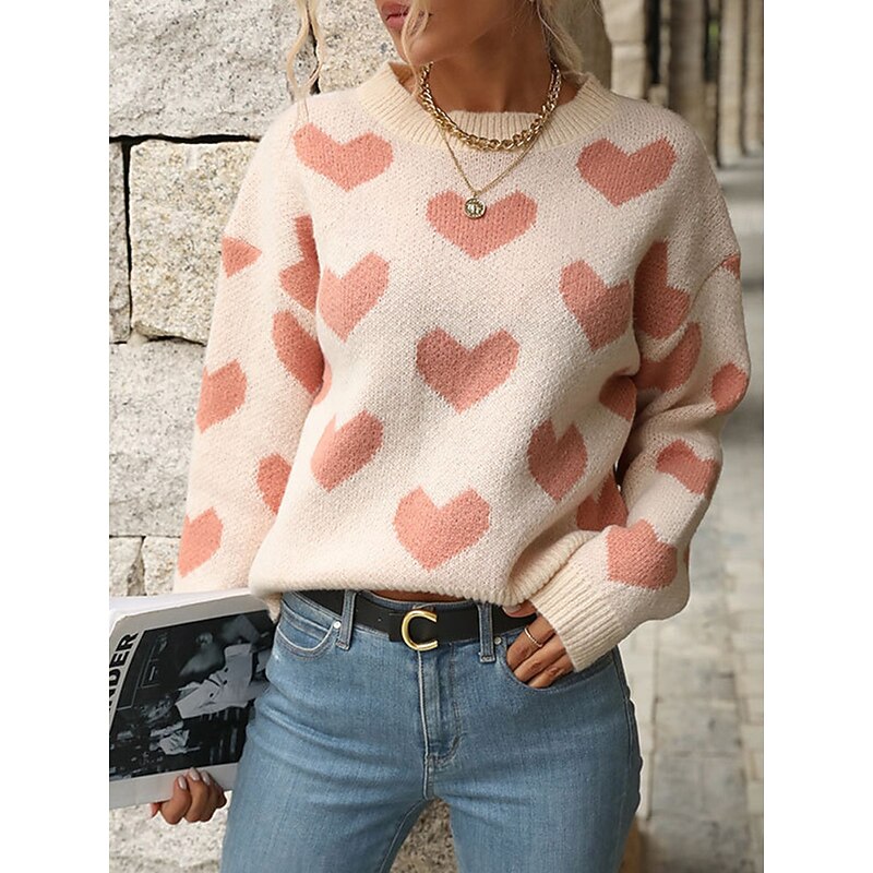 Women's Sweater Pullover Sweater Jumper Casual Soft Heart Ribbed Crew Neck Knitted Long Sleeve Regular Tops Knit Outdoor Daily Weekend Pink Fuchsia Fall Winter