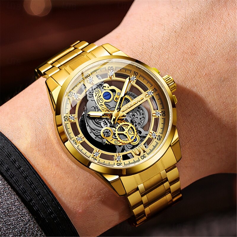 BINBOND Men Quartz Watch Luxury Large Dial Fashion Business Luminous Waterproof Leather Stainless Steel Strap Watch B5054