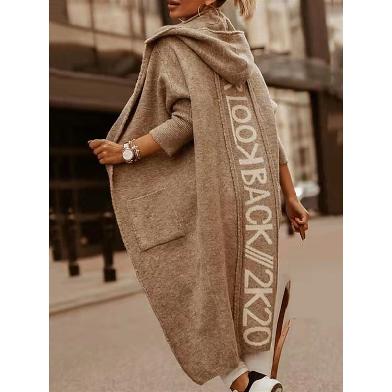 Women's Sweater Cardigan Casual Soft Letter Ribbed Hooded Pocket Knitted Long Sleeve Long Tops Knit Outdoor Daily Weekend Light Brown Blue Fall Winter2