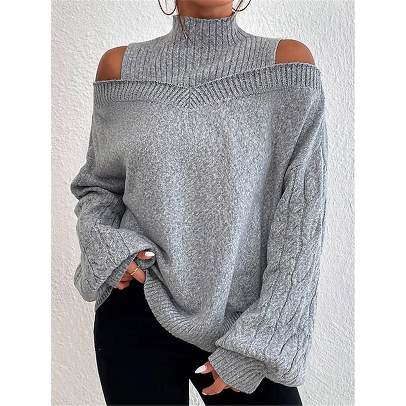 Women's Sweater Pullover Sweater Jumper Casual Soft Pure Color Ribbed Turtleneck Knitted Cold Shoulder Long Sleeve Regular Tops Knit Outdoor Daily Weekend Black Blue Fall Winter