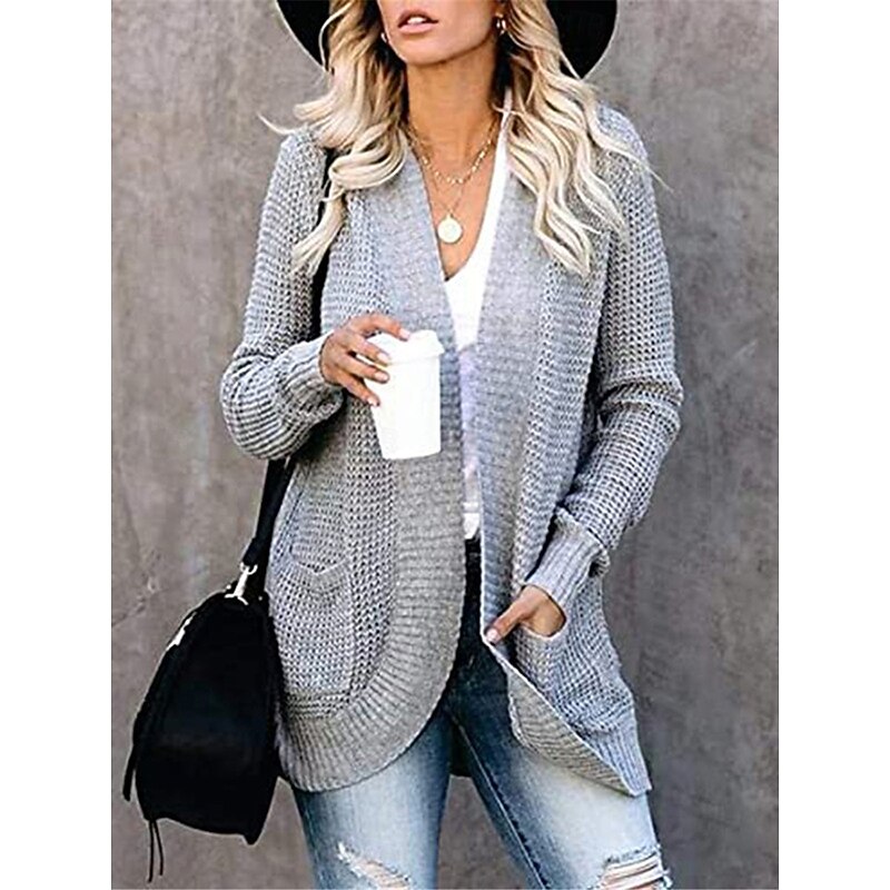 Women's Sweater Cardigan Casual Soft Pure Color Ribbed Open Front Pocket Knitted Long Sleeve Regular Tops Knit Outdoor Daily Weekend Black White Fall Winter