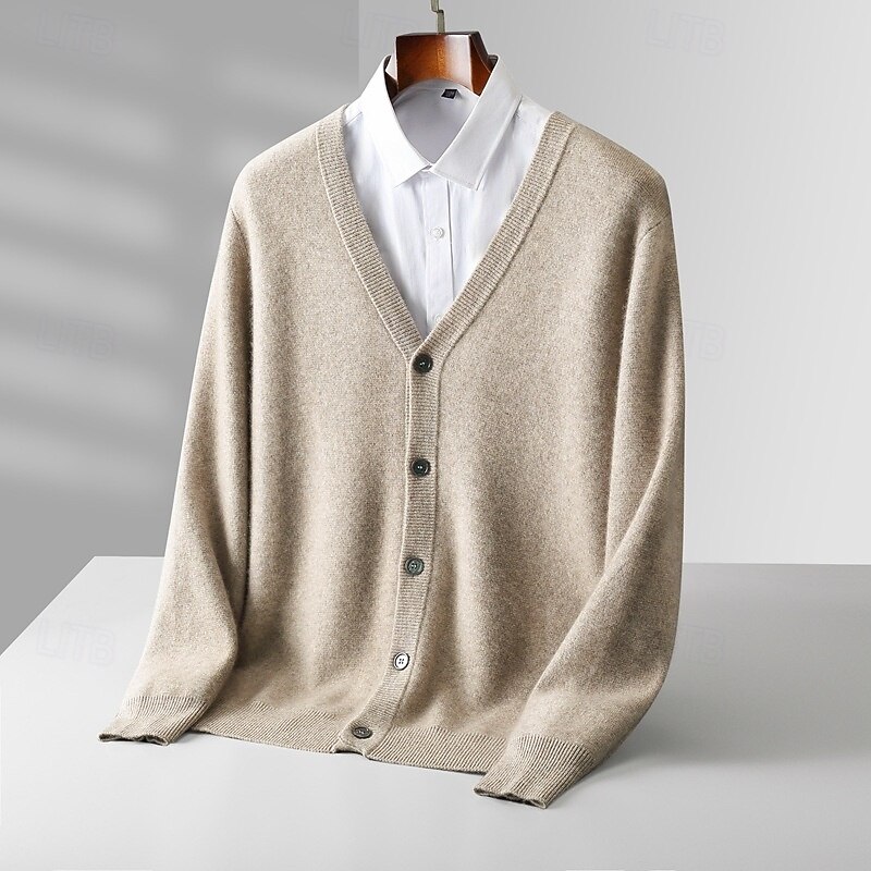 Men's 100% Wool Cardigan Sweater Knit Button Up Solid Color V Neck Knitwear Elegant School Training Clothing Apparel Bishop Sleeve Fall Winter Black khaki S M L XL3
