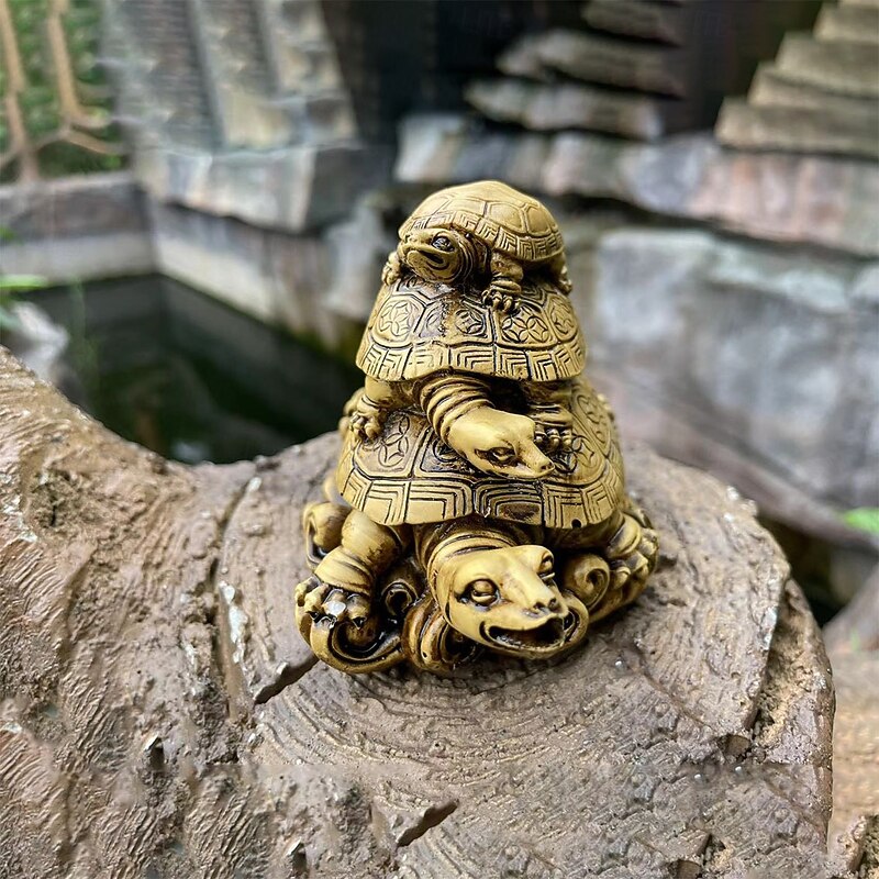 Golden Resin Feng Shui Three Tier Tortoise Statue, Three Generation Turtle Art Sculpture Model, Symbol For Longevity And Protection, Home Decoration3