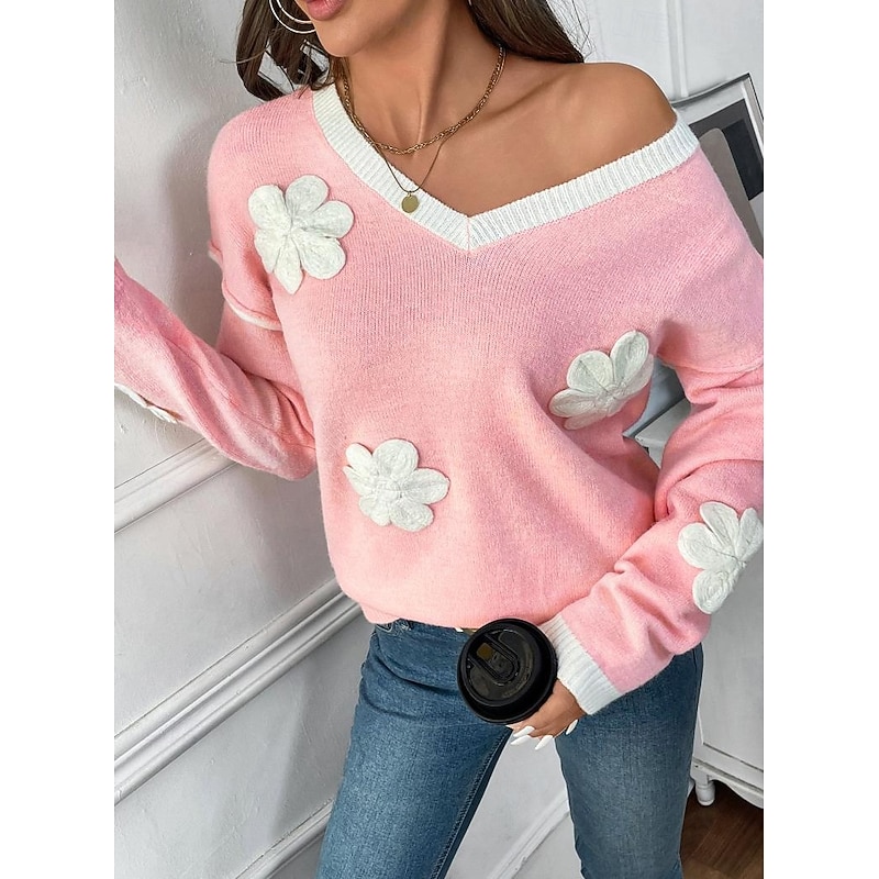 Women's Sweater Crew Neck Knit Embroidery Spring Fall Elegant 3/4 Length Sleeve Solid Color Pink